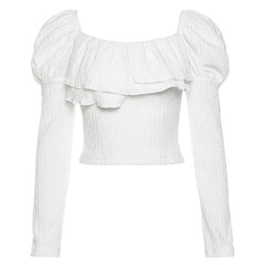 Textured ruffle long puff sleeve solid 2-way crop top