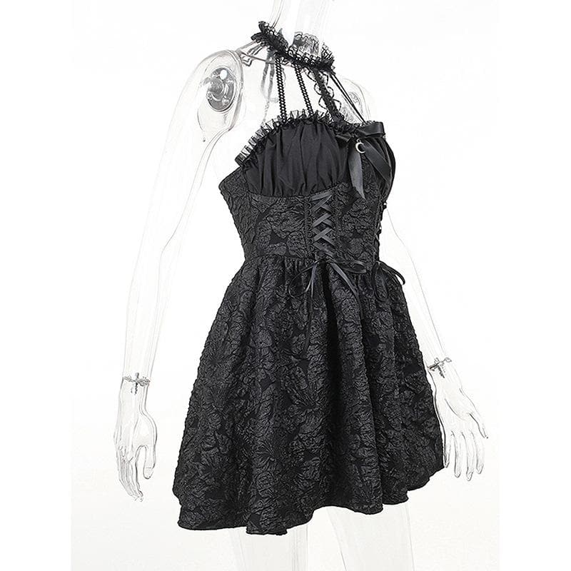 Halter lace up backless textured ruched solid mini dress | victorian gothic dresses