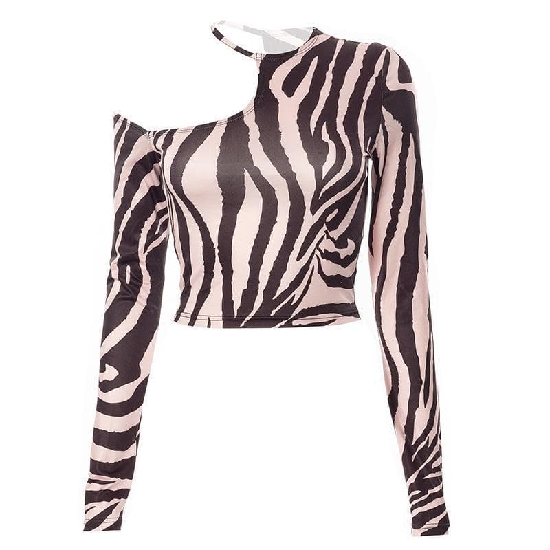 Langärmliges, schulterfreies Crop-Top mit Zebra-Print