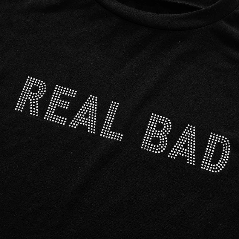 Kurzärmliges Crop-Top „REAL BAD“ mit Perlenbesatz und Rundhalsausschnitt