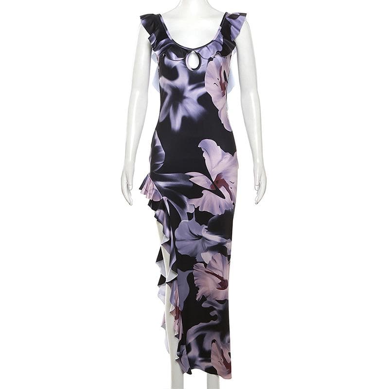 Flower print contrast ruffle irregular slit backless cap sleeve maxi dress