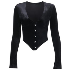 Long sleeve velvet button v neck top