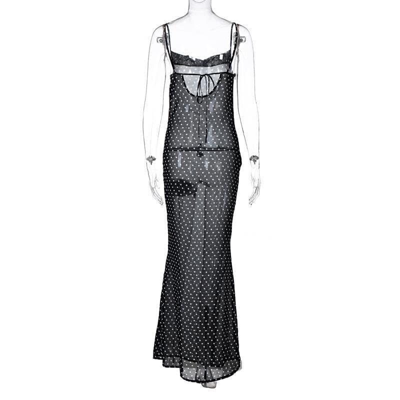 Cowl neck polka dot mesh see through maxi dress