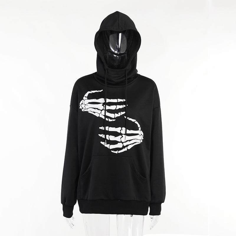 Hoodie drawstring pocket long sleeve skull pattern top