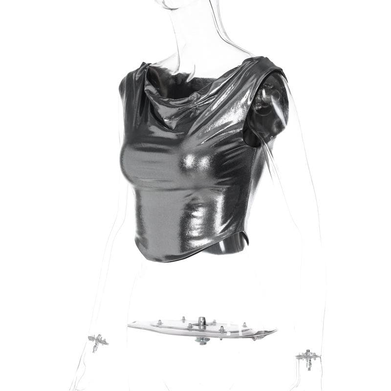 Cowl neck metallic cap sleeve ruched crop top