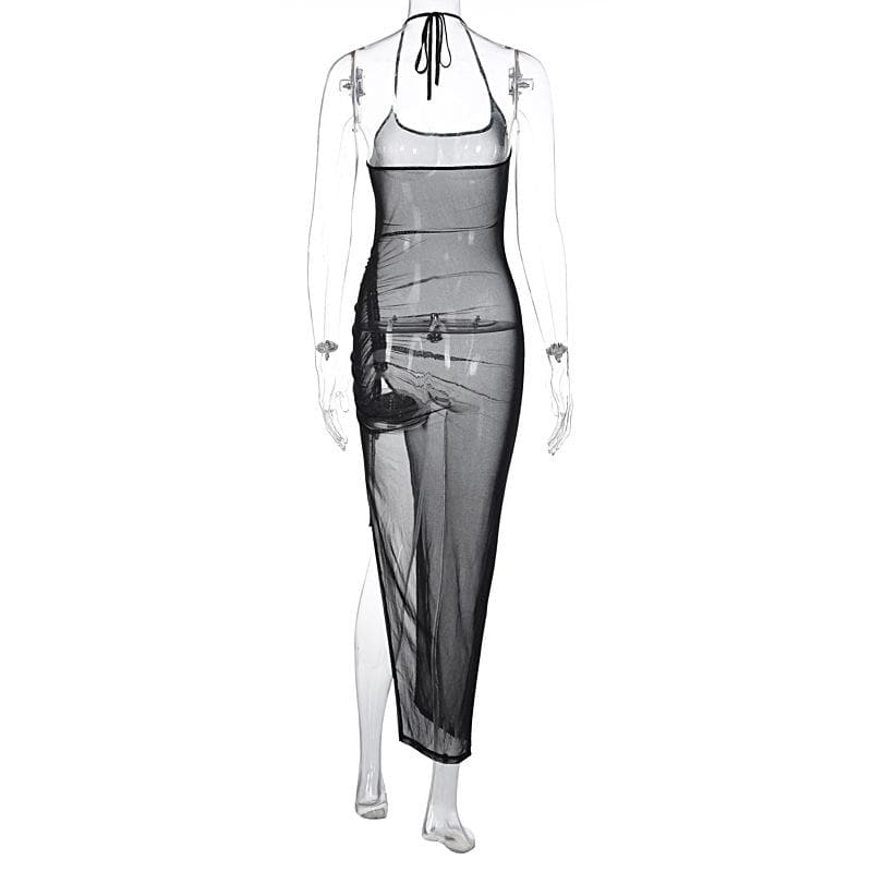 Halter drawstring sheer mesh see through slit backless maxi dress