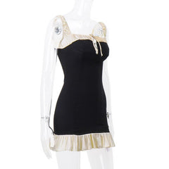 Sleeveless square neck ruffle patchwork contrast mini dress