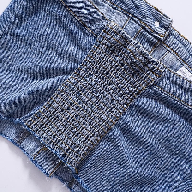 Button smocked backless denim tube crop top