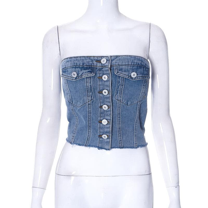 Button smocked backless denim tube crop top