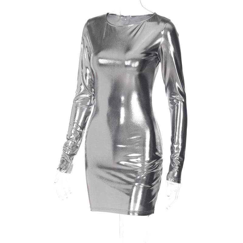 Metallic-Minikleid mit langen Ärmeln und Rundhalsausschnitt