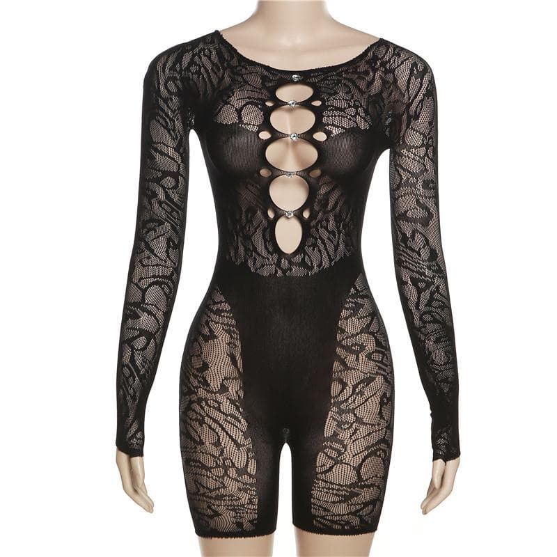 Hollow out long sleeve beaded fishnet see through solid romper