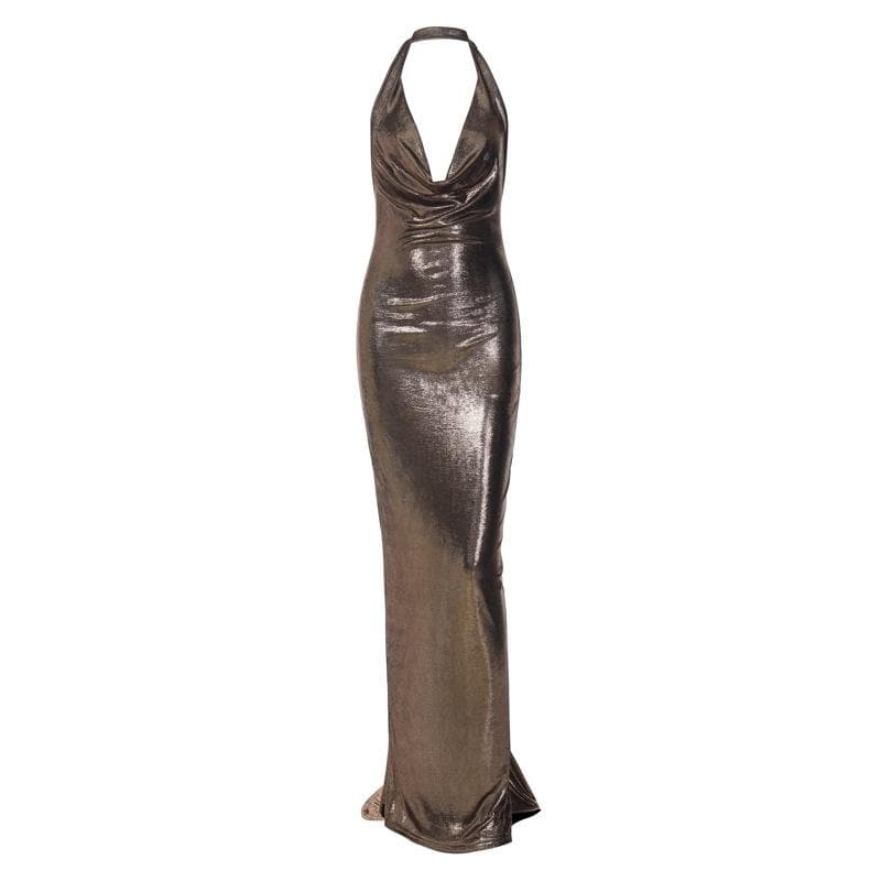 Rückenfreies Maxikleid mit Wasserfallausschnitt und Rüschen in Metallic-Optik und Neckholder