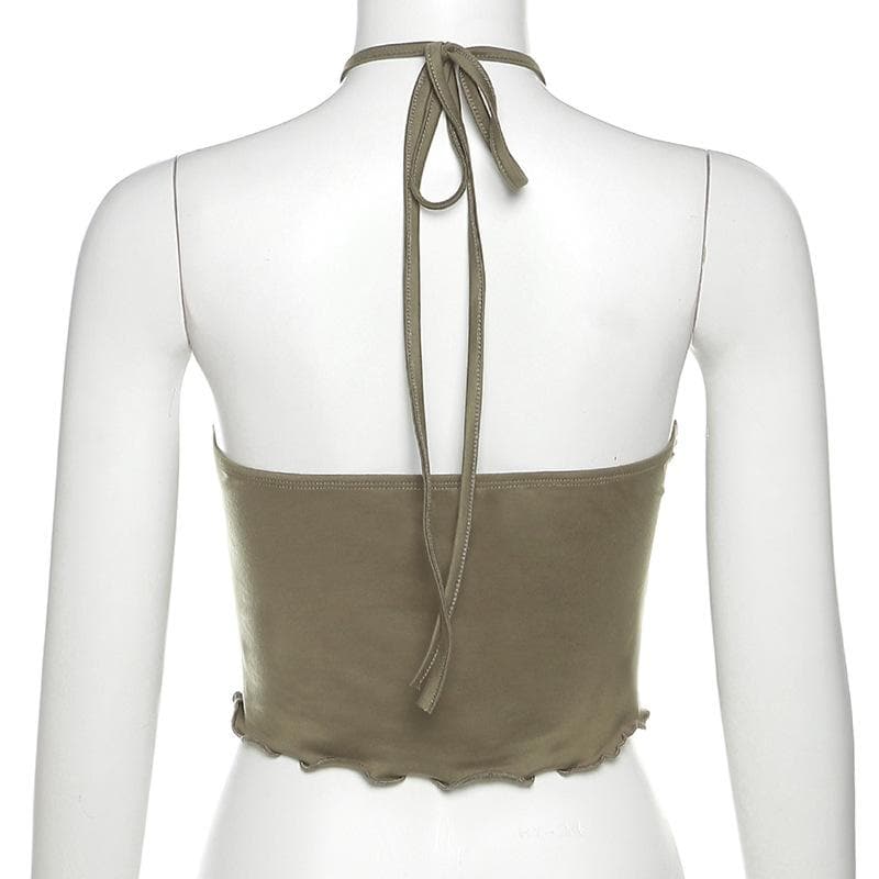 Rückenfreies Crop-Top mit ausgehöhltem Neckholder und Rüschen in Kontrastfarbe und überkreuzter Vorderseite 