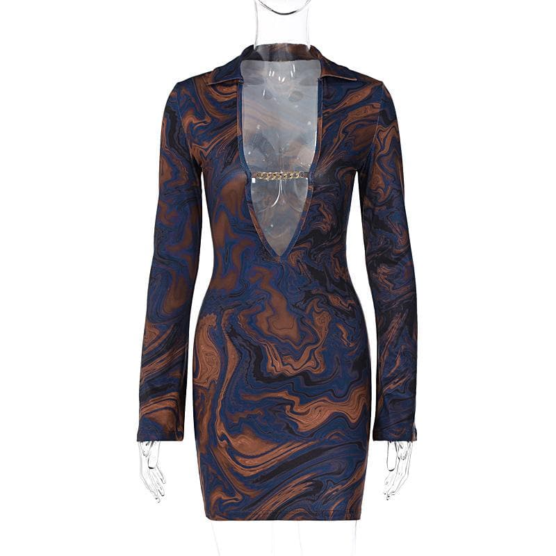 Long sleeve v neck turnover collar metal chain contrast mini dress