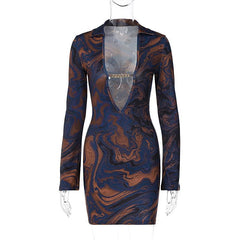 Long sleeve v neck turnover collar metal chain contrast mini dress