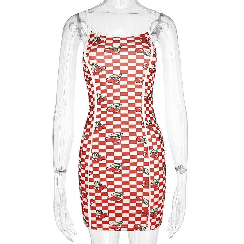 Cherry plaid print contrast backless cami dress - Final Sale