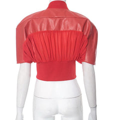 Ruched zip-up short sleeve PU leather patchwork crop top