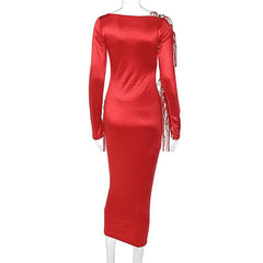 Long sleeve solid satin hollow out self tie crewneck midi dress