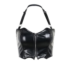 Halter zip-up backless PU leather low cut crop top