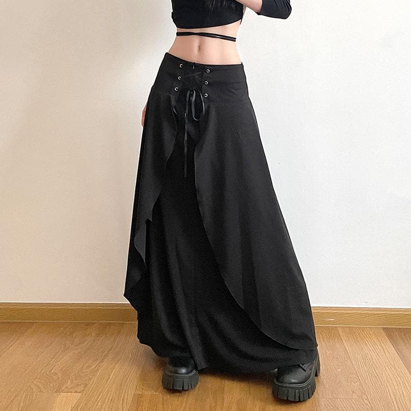 Solid lace up patchwork zip-up low rise maxi skirt