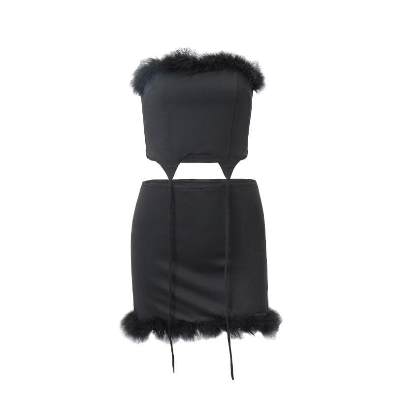 Feather solid backless tube mini skirt set