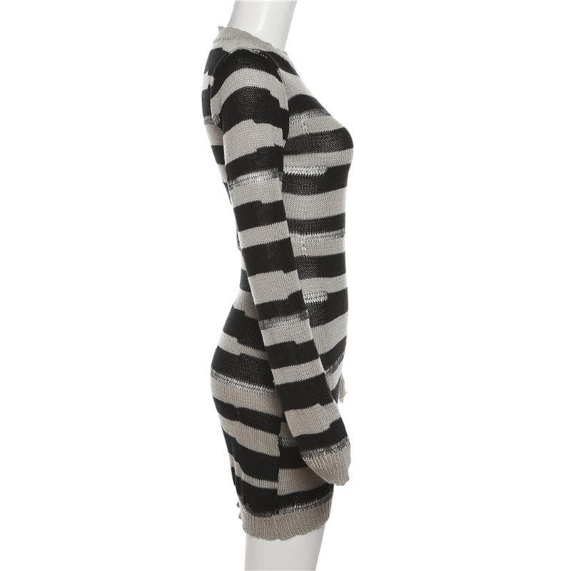 Crochet striped contrast long sleeve crewneck mini dress