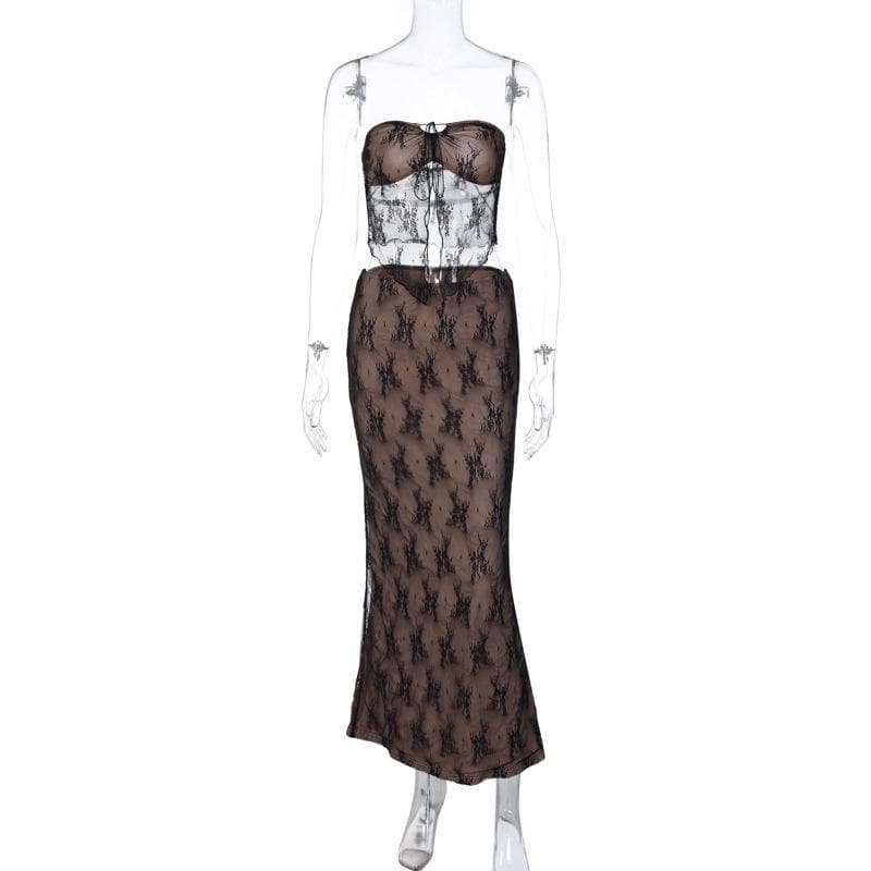 Lace contrast self tie backless tube maxi skirt set