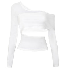 Long sleeve one shoulder hollow out solid irregular backless top