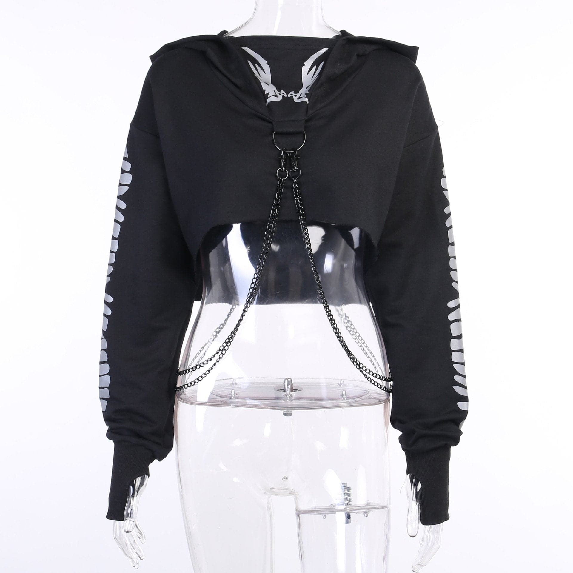 Hoodie ribbon off shoulder contrast print buckle long sleeve gloves crop top