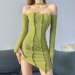 Textured stitch halter solid long sleeve off shoulder dress