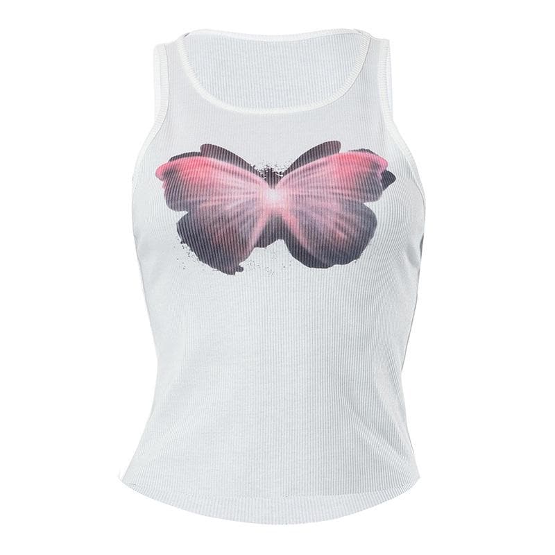 Butterfly pattern ribbed sleeveless contrast round neck top