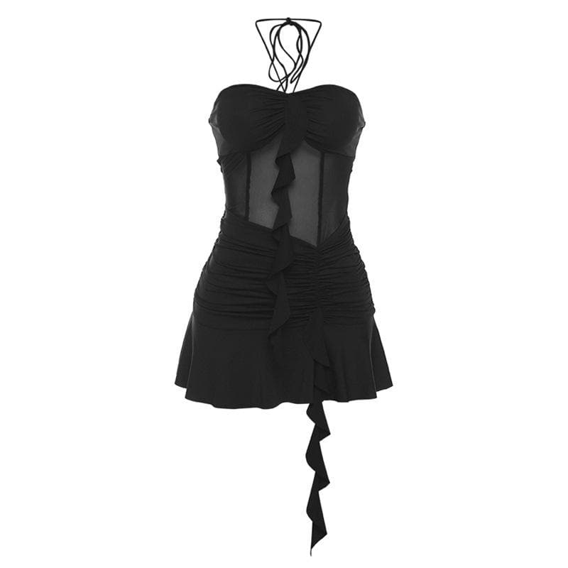 Mesh patchwork ruffle ruched halter backless mini dress