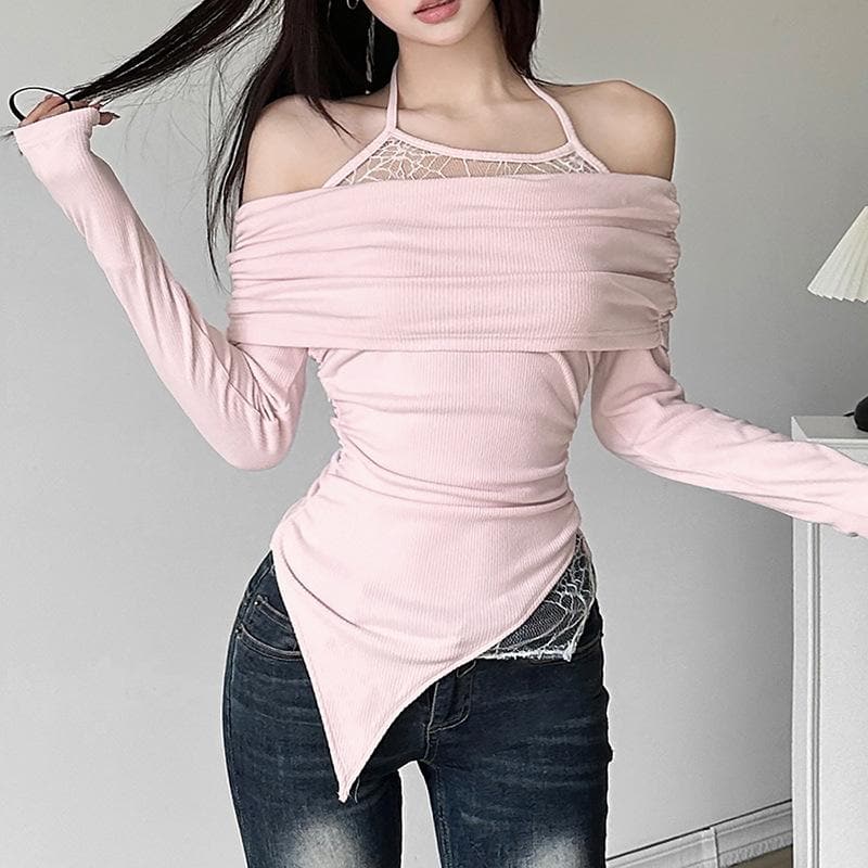 Ruched lace off shoulder halter long sleeve irregular top