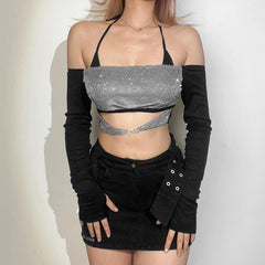 Textured contrast halter backless off shoulder long sleeve crop top