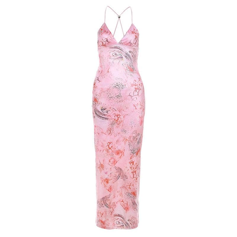 Butterfly applique backless v neck maxi dress