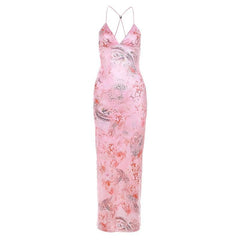 Butterfly applique backless v neck maxi dress