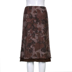 Mesh flower pattern low rise contrast ruffle midi skirt