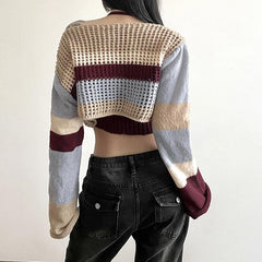 Zweiteiliges, gehäkeltes, kontrastierendes, langärmliges Neckholder-Crop-Top zum Selbstbinden