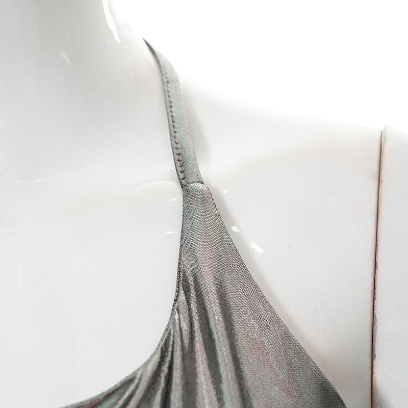 Metallic halter self tie backless solid slit top