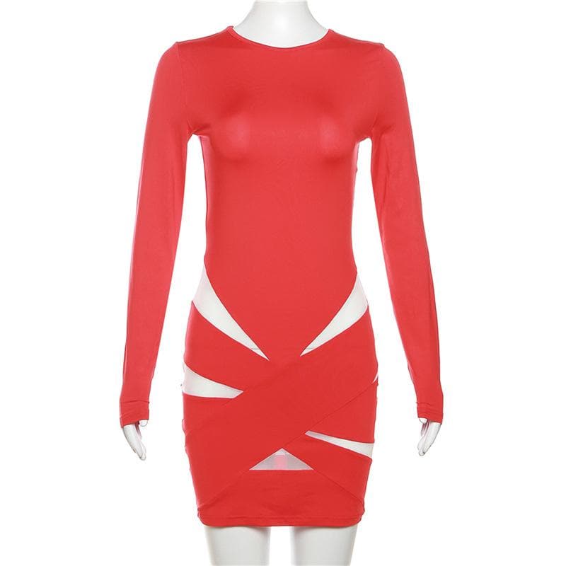 Mesh long sleeve crewneck patchwork contrast mini dress