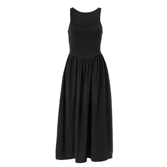 Square neck ruched solid sleeveless A line midi dress
