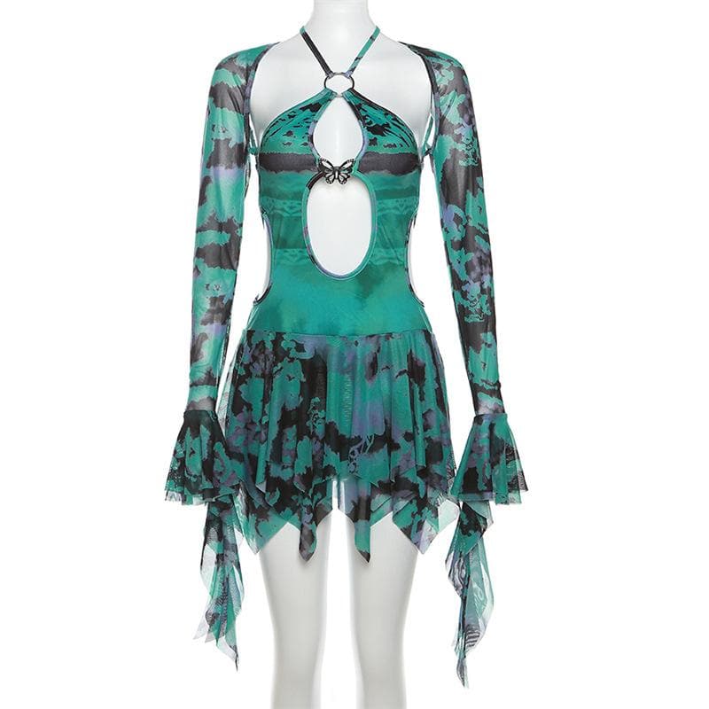 Tie dye ruched flared sleeve hollow out self tie shrug mini dress - Final Sale