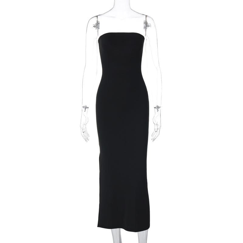 Slit backless solid sleeveless tube midi dress