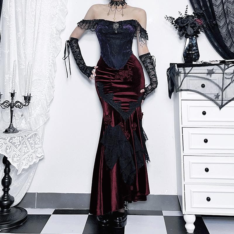 Velvet embroidery flower applique lace hem ruched maxi skirt | victorian gothic dresses