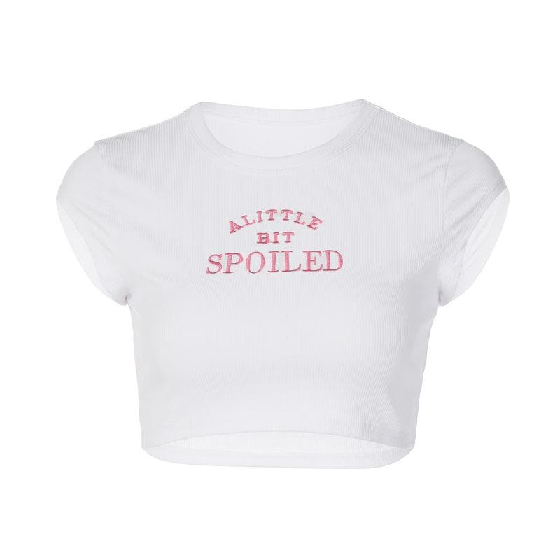 “SPOILEDâ€?embroidery contrast crewneck cap sleeve crop top