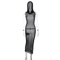 PEDIDO ANTICIPADO - Vestido largo sin mangas con capucha y malla transparente 