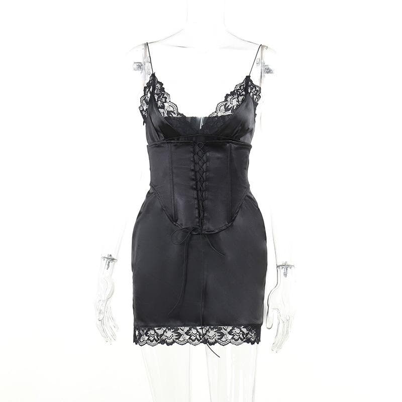 Lace hem solid v neck lace up corset sleeveless mini dress