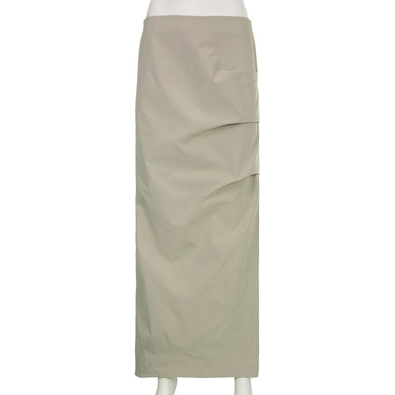 Ruched solid zip-up slit cargo maxi skirt