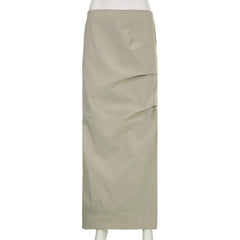 Ruched solid zip-up slit cargo maxi skirt