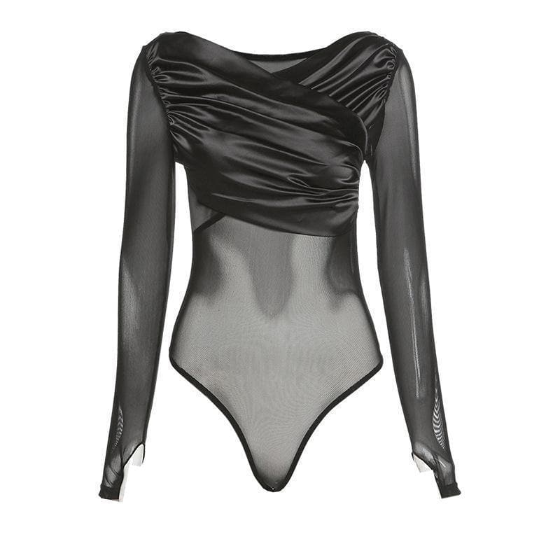 Long sleeve satin mesh see-through bodysuit